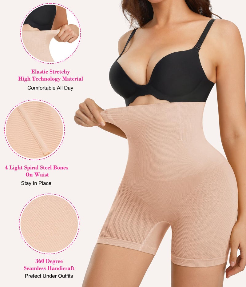 Nebility Women Waist Trainer Shapewear Tummy Control Body Shaper Shorts Hi-Waist Butt Lifter Thigh Slimmer (M/L, Beige) - Image 3